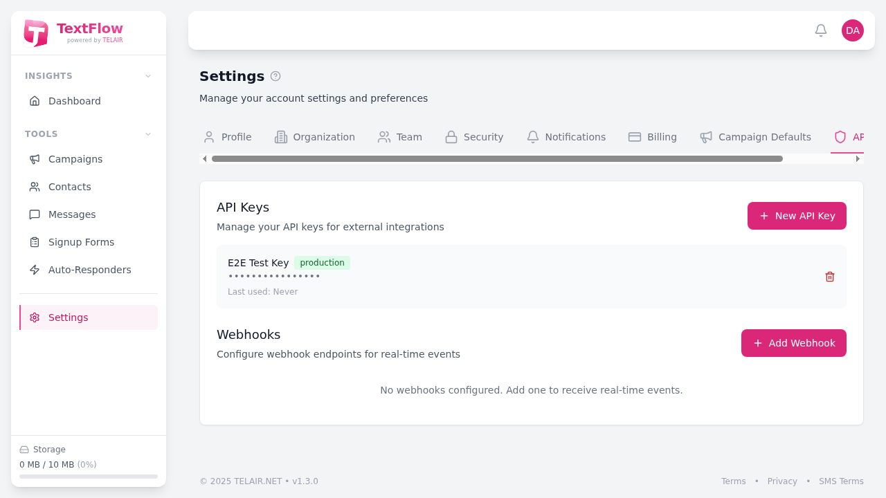API & Integrations Settings Tab