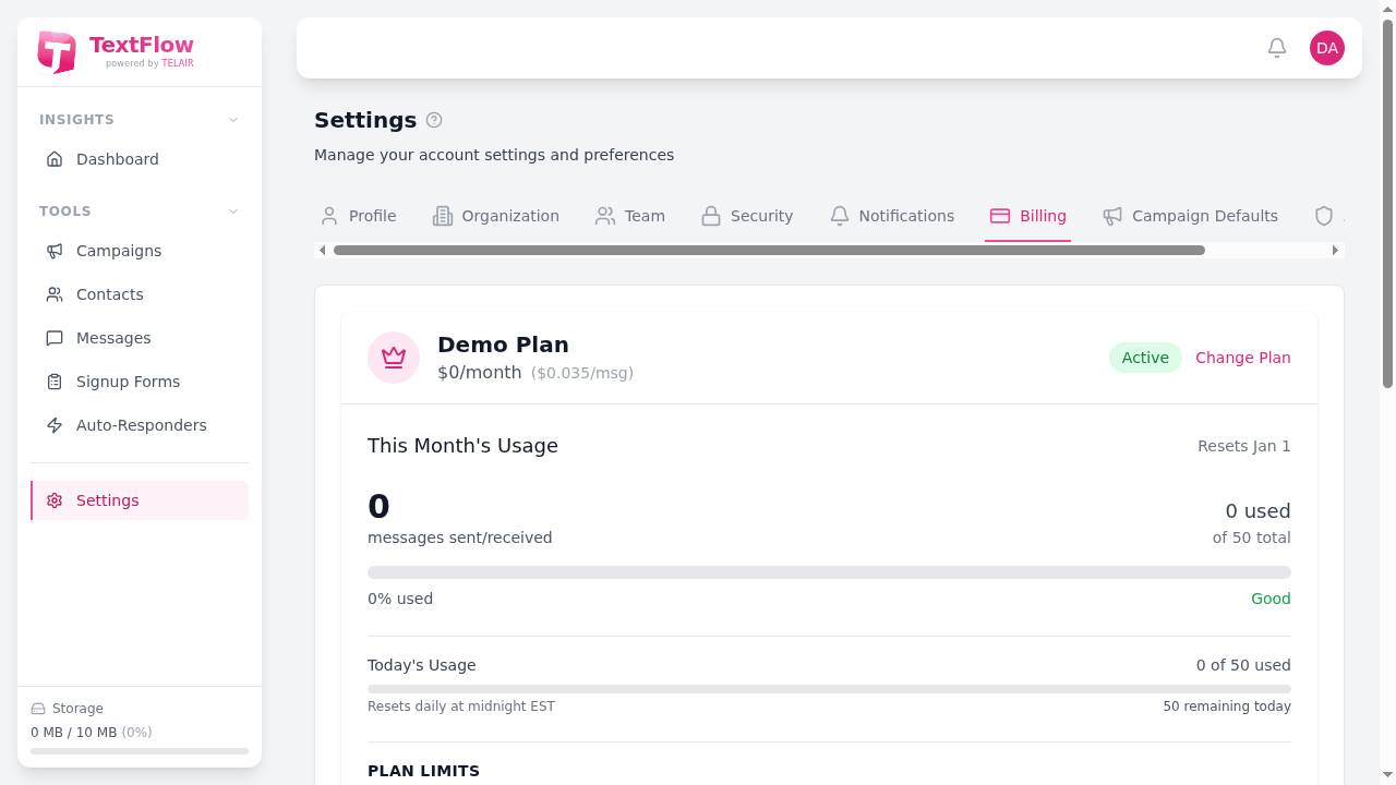 Billing Settings Tab