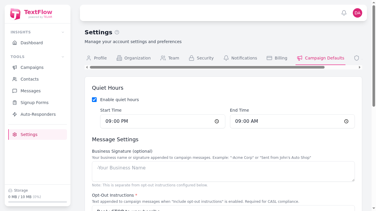 Campaign Defaults Settings Tab
