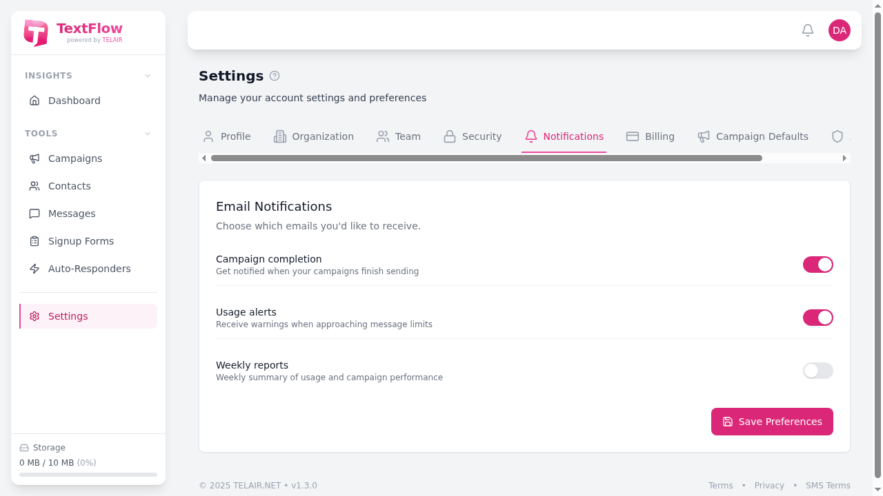 Notifications Settings Tab