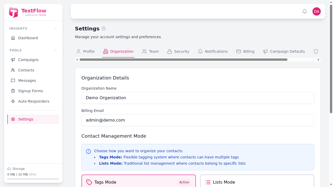 Organization Settings Tab